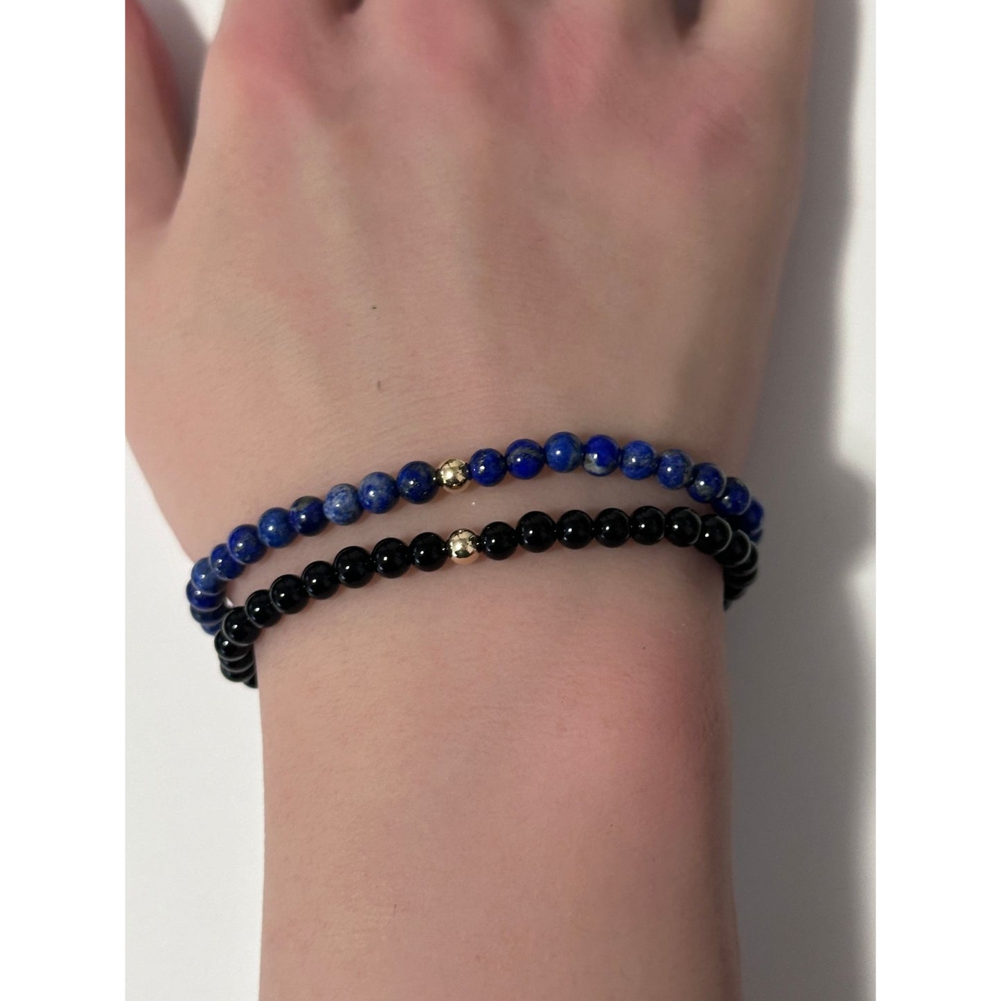 Onyx & Lapis Lazuli Gemstone Stretch Bracelet with 14K Gold Accent Bead Handmade - Rafant