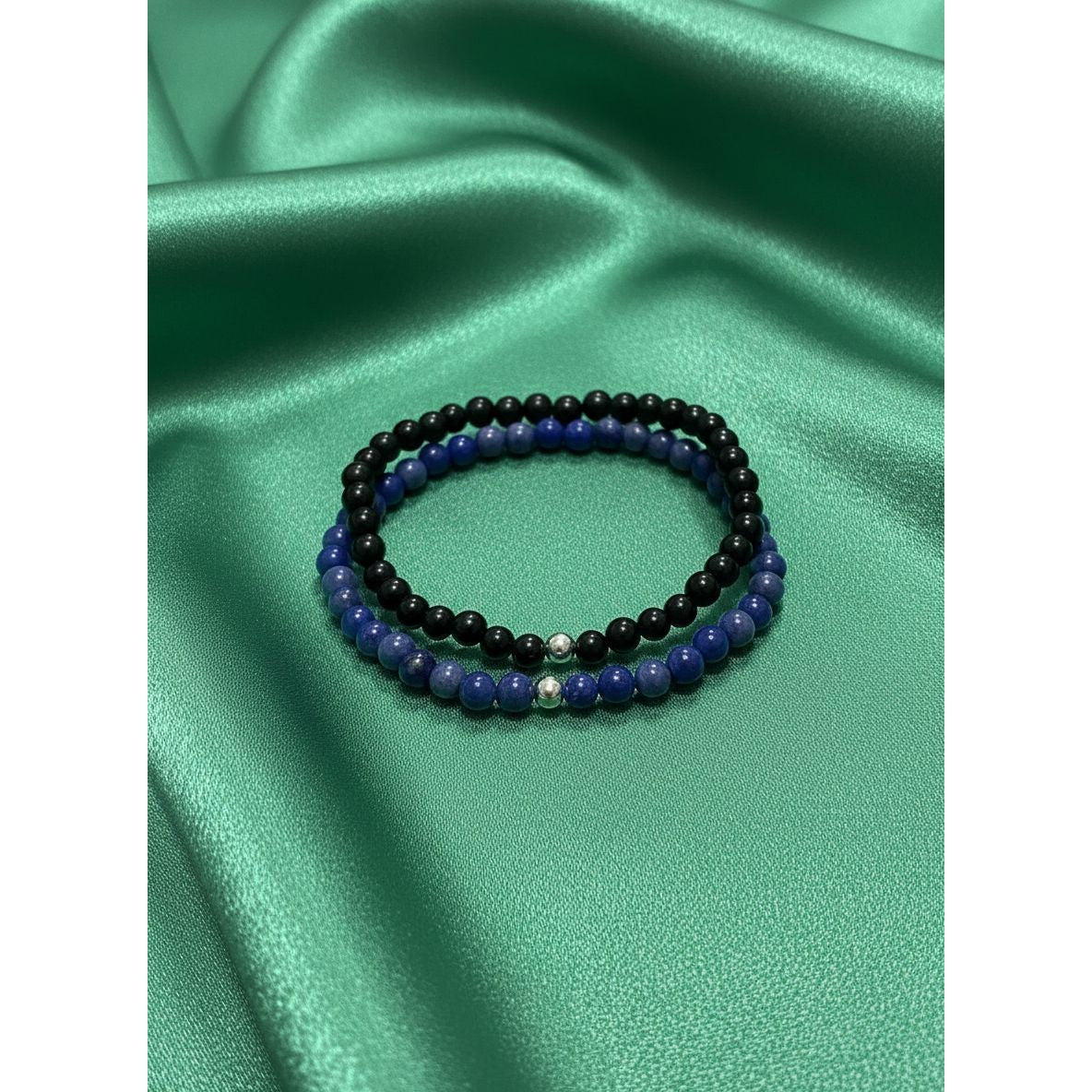 Onyx & Lapis Lazuli Gemstone Stretch Bracelet with 14K Gold Accent Bead Handmade - Rafant