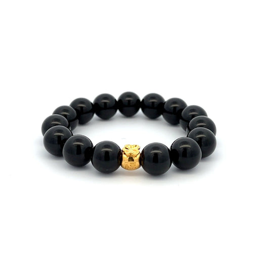 Real 18K Gold Money Bag Charm Onyx Gemstones 10mm Lucky Charm Elastic Bracelet - Rafant