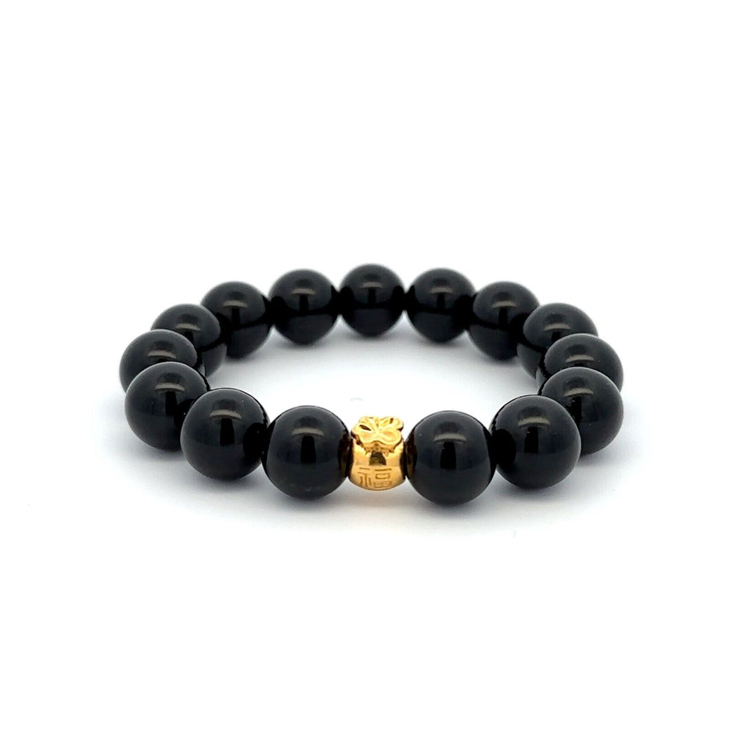 Real 18K Gold Money Bag Charm Onyx Gemstones 10mm Lucky Charm Elastic Bracelet - Rafant