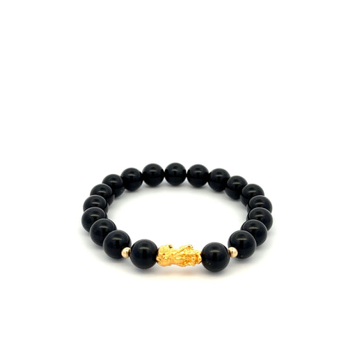 18K Gold Dragon Pixiu Piyao Lucky Charm Bead Bracelet Gemstone Black Onyx 8mm - Rafant