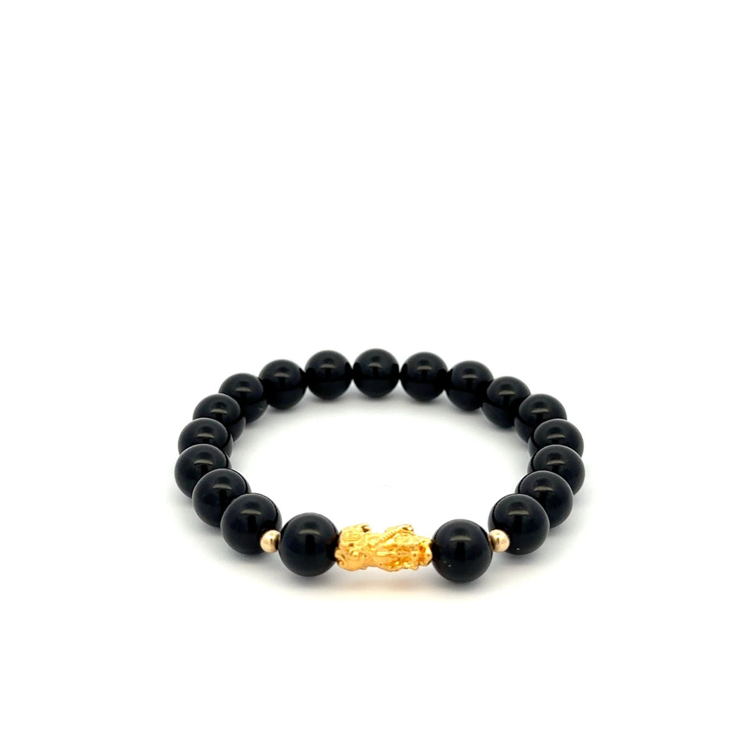 18K Gold Dragon Pixiu Piyao Lucky Charm Bead Bracelet Gemstone Black Onyx 8mm - Rafant