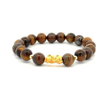 Load image into Gallery viewer, 18K Gold Dragon Pixiu Piyao Lucky Charm Bead Bracelet Gemstones Tiger&#39;s Eye 8mm - Rafant
