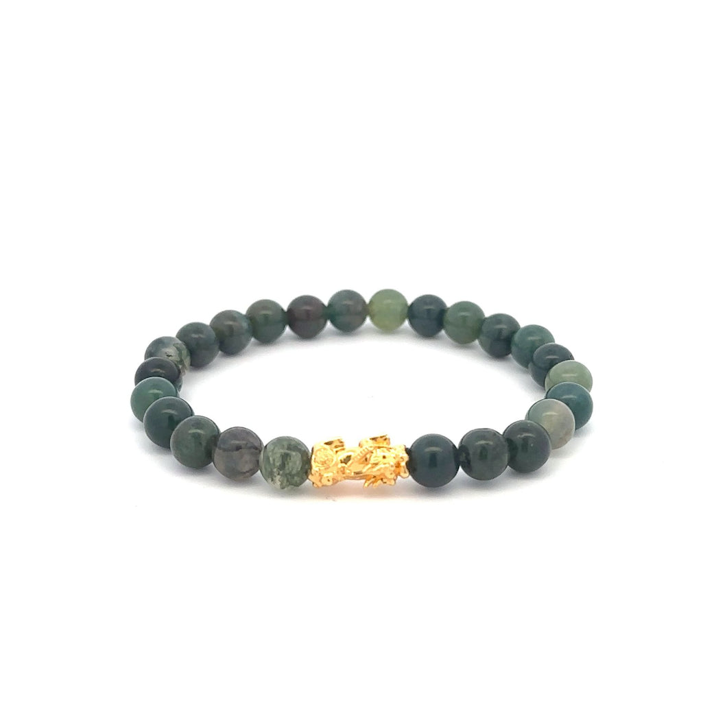 18K Gold Pixiu Piyao Bracelet Elastic Natural Gemstones Moss Agate 6mm - Rafant