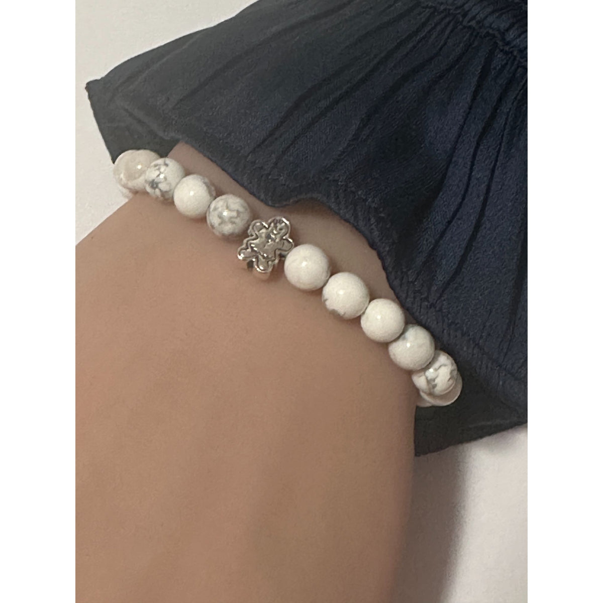 925 Sterling Silver Gingerman, Natural Howlite Gemstone Beaded Stretch Bracelet