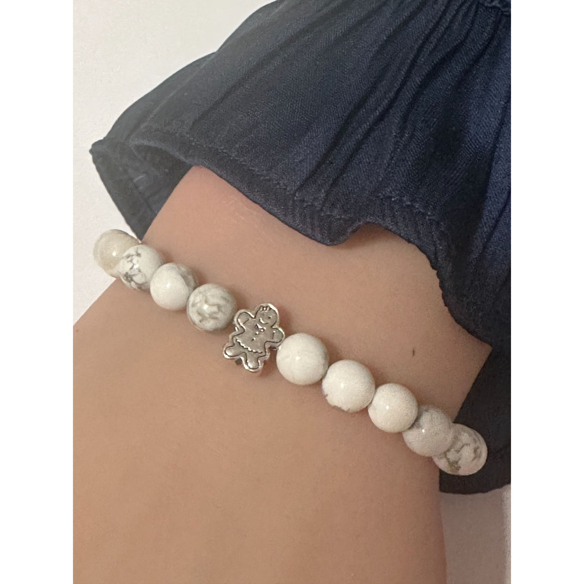 925 Sterling Silver Gingerman, Natural Howlite Gemstone Beaded Stretch Bracelet