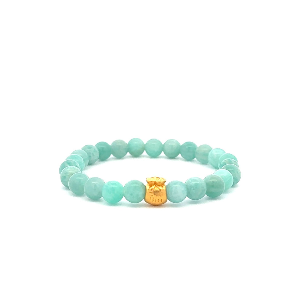 24K Yellow Gold Money Bag Lucky Bracelet Amazonite Peru Gemstones 6mm - Rafant