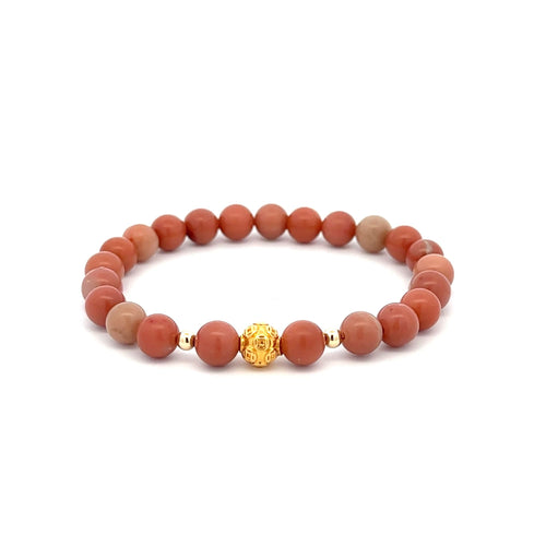 18K Gold Money Ball Lucky Charm Beads Bracelet Gemstones Jade Indian Red 6mm - Rafant