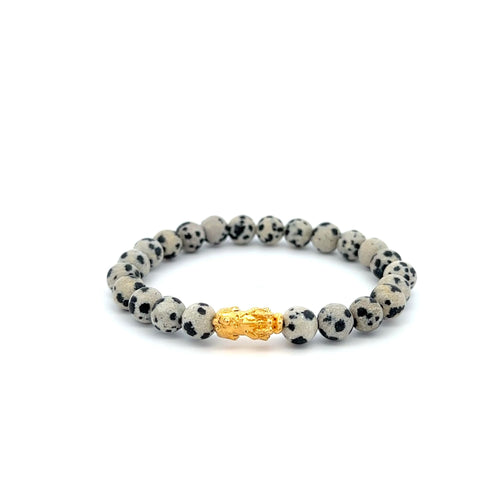 18K Gold Dragon Pixiu Piyao Lucky Charm Bracelet Gemstones Dalmatian Jasper 6mm - Rafant
