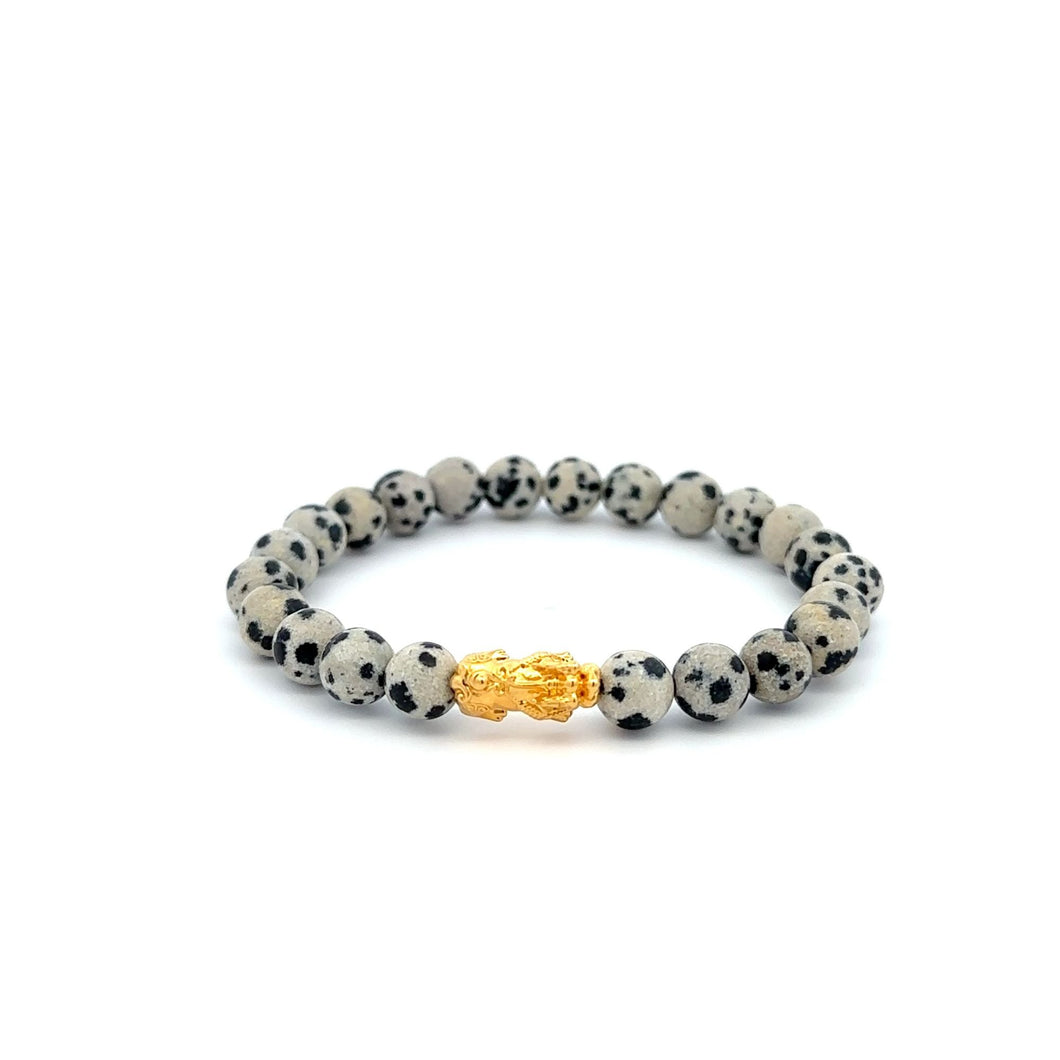 18K Gold Dragon Pixiu Piyao Lucky Charm Bracelet Gemstones Dalmatian Jasper 6mm - Rafant