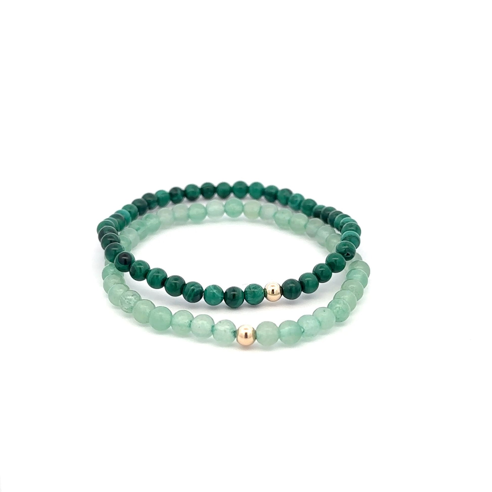 Malachite & Aventurine Gemstone Stretch Bracelet with 14K Gold Accent Bead Handmade - Rafant