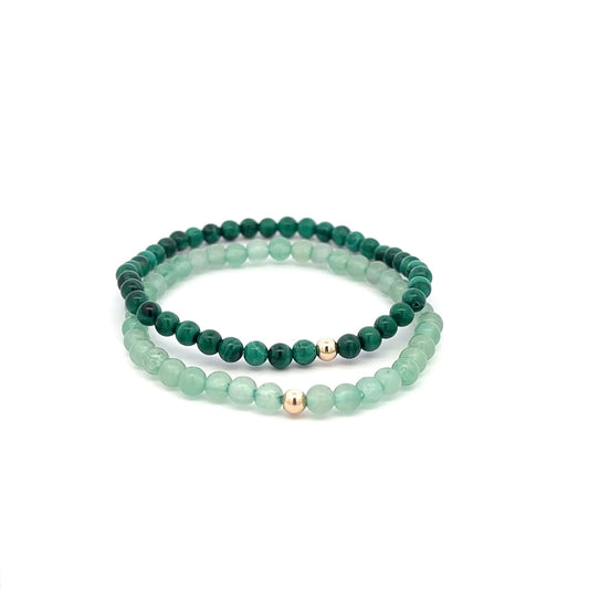 Malachite & Aventurine Gemstone Stretch Bracelet with 14K Gold Accent Bead Handmade - Rafant