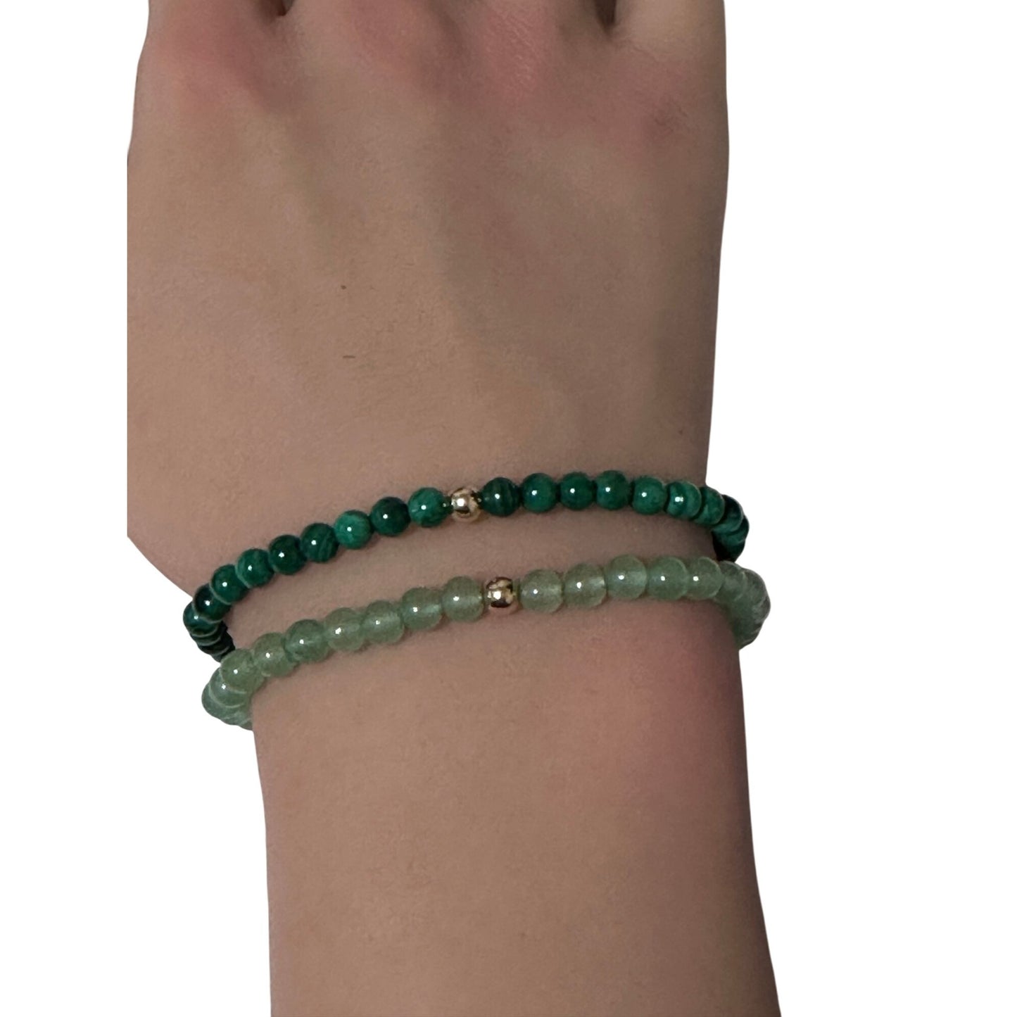 Malachite & Aventurine Gemstone Stretch Bracelet with 14K Gold Accent Bead Handmade - Rafant