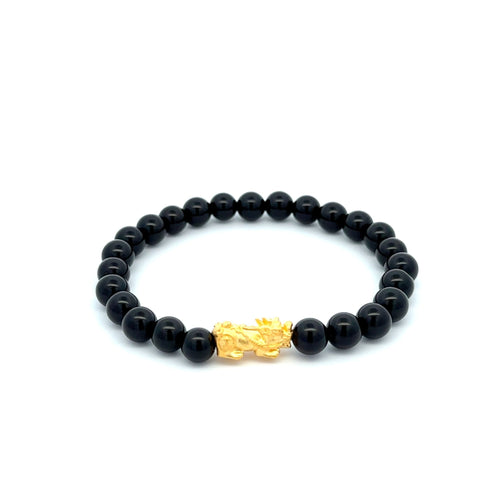 24K Gold Piyao Pixiu Lucky Charm Bracelet Gemstones Black Onyx 6mm - Rafant