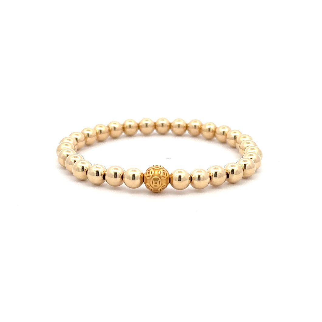 18K Gold Stretch Bracelet with 24K Gold Ball Charm Size 5-8 inches - Rafant