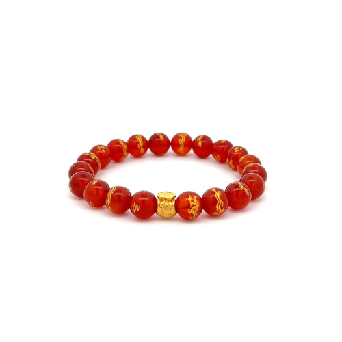 24K Yellow Gold Money Bag Lucky Bracelet Gemstones Red Agate 8mm - Rafant