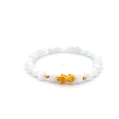 18K Gold Dragon Pixiu Piyao Lucky Charm Beads Bracelet Gemstones White Jade 6mm - Rafant