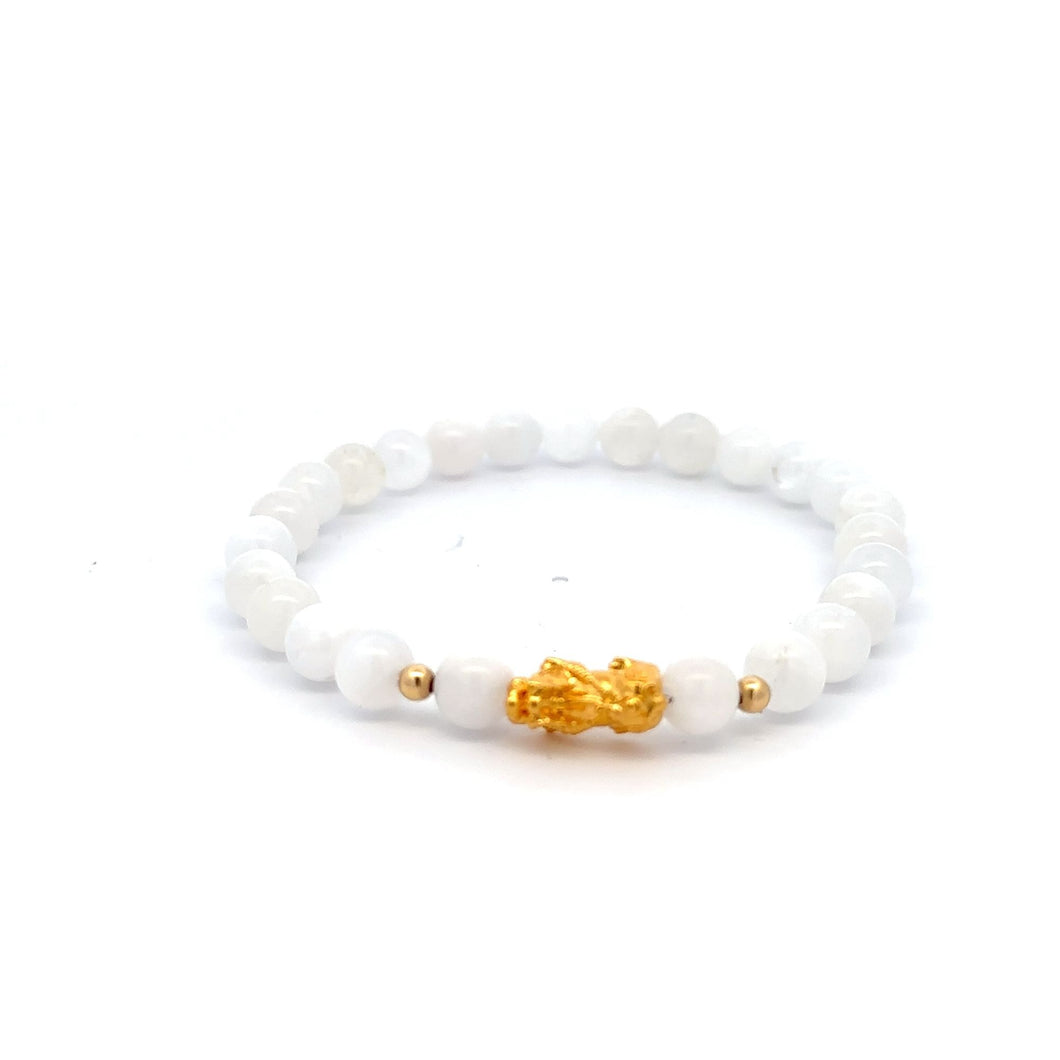 18K Gold Dragon Pixiu Piyao Lucky Charm Beads Bracelet Gemstones White Jade 6mm - Rafant