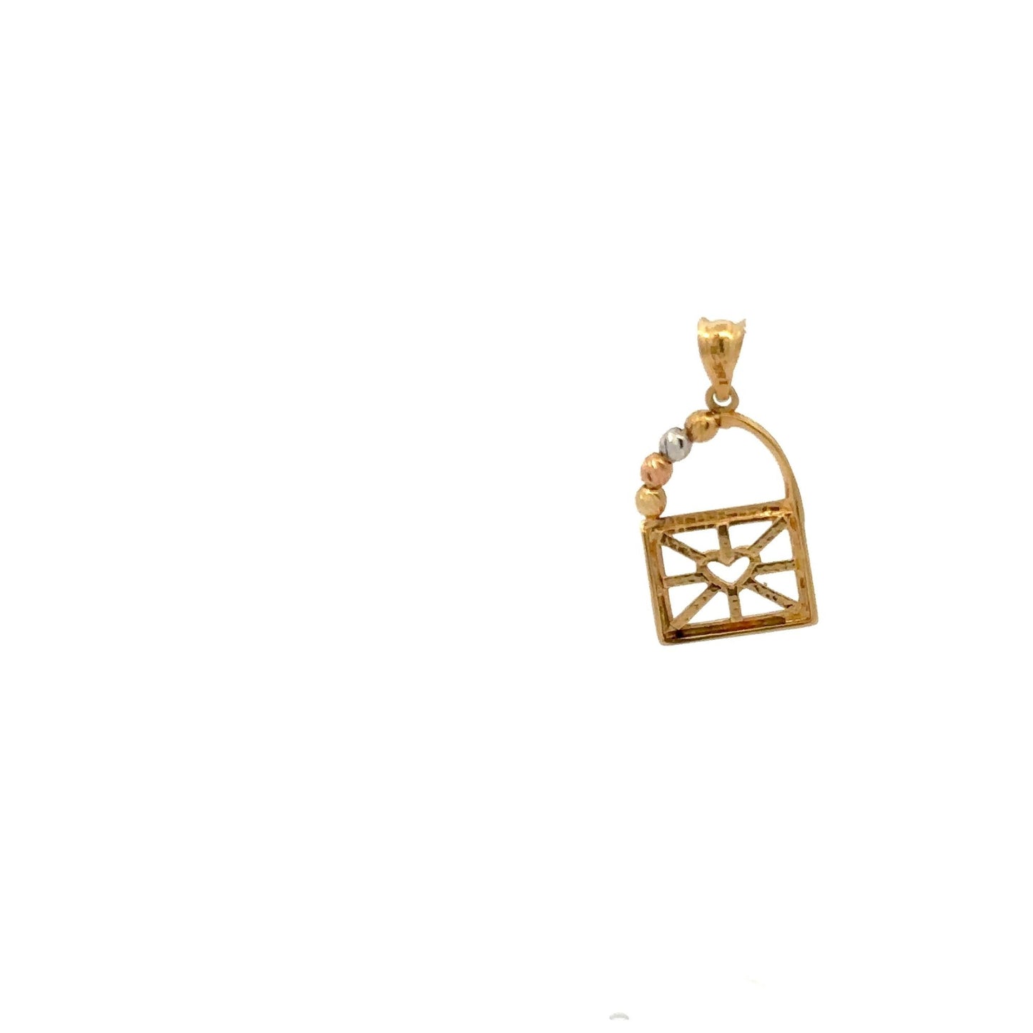 18K Gold Pendant Tricolor Beads Balls Heart Padlock 1.35 grams - Rafant