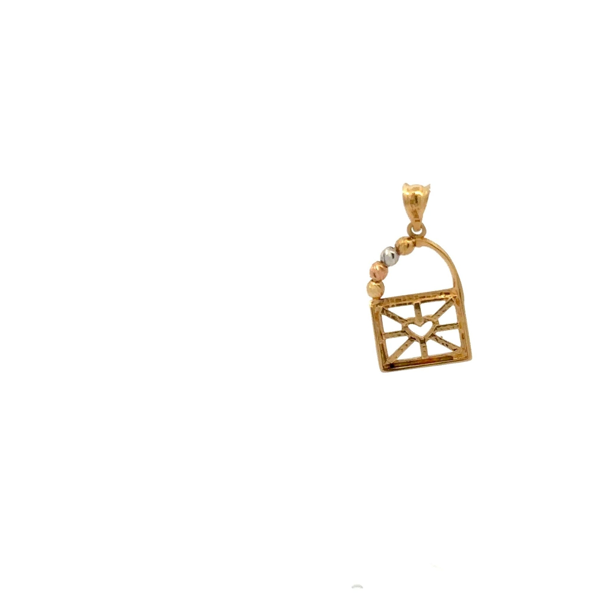18K Gold Pendant Tricolor Beads Balls Heart Padlock 1.35 grams - Rafant