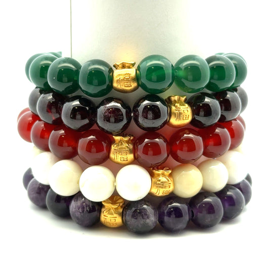 24K Gold Money Bag Lucky Charm Bracelet Gemstones Birthstones Feng Shui 9.5-10mm Beads - Rafant