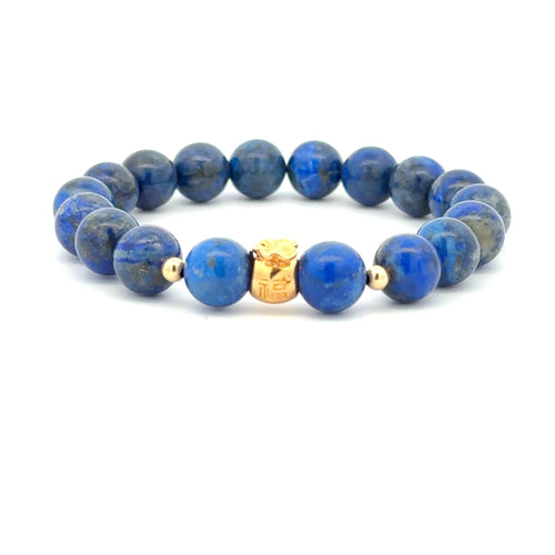 18K Gold Money Bag Lucky Charm Beads Bracelet Gemstones Lapis Lazuli 8mm - Rafant