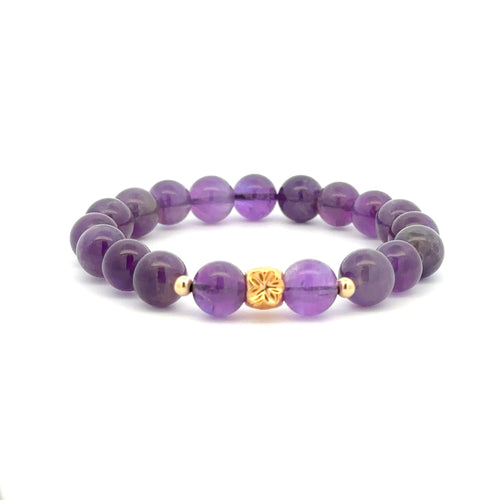 18K Gold Money Bag Lucky Charm Beads Bracelet Gemstones Amethyst 8mm - Rafant
