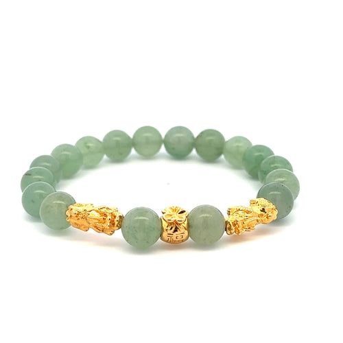 18K Gold Dragon Pixiu Double Piyao Money Bag Lucky Charm Bracelet Gemstones Aventurine 8mm - Rafant