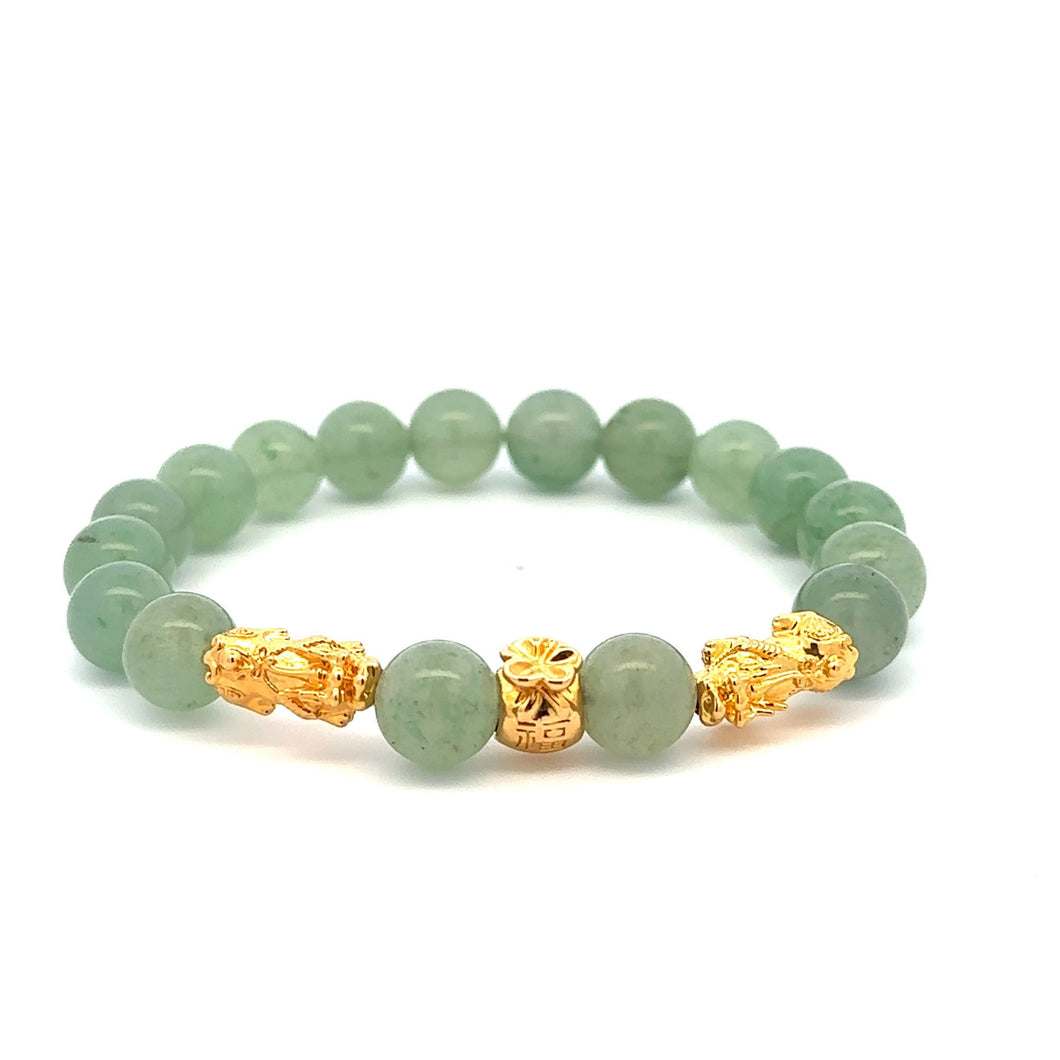 18K Gold Dragon Pixiu Double Piyao Money Bag Lucky Charm Bracelet Gemstones Aventurine 8mm - Rafant