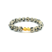 Load image into Gallery viewer, 18K Gold Dragon Pixiu Piyao Lucky Charm Bracelet Gemstones Dalmatian Jasper 8mm - Rafant
