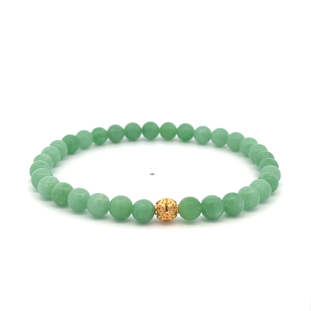 18K Gold Money Ball Lucky Bracelet Gemstones Natural Green Jade 6mm Size 8 in Extra Large