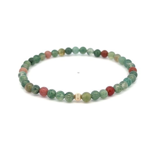 Indian Agate Stretch Bracelet with 14K Gold Bead, 4mm, 7″