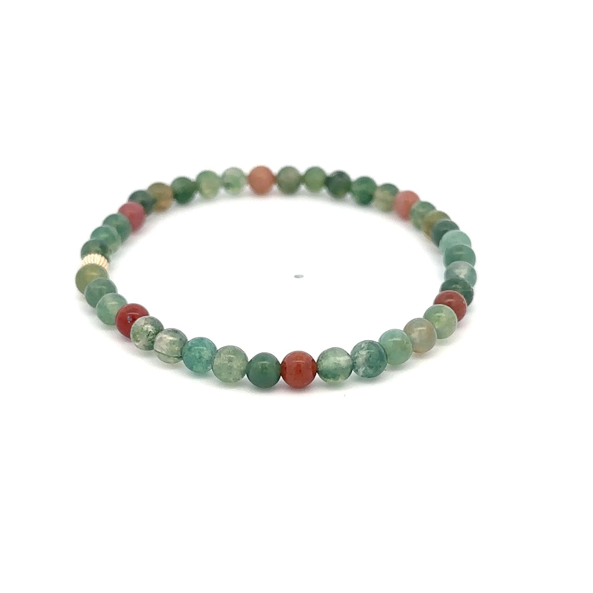 Indian Agate Stretch Bracelet with 14K Gold Bead, 4mm, 7″