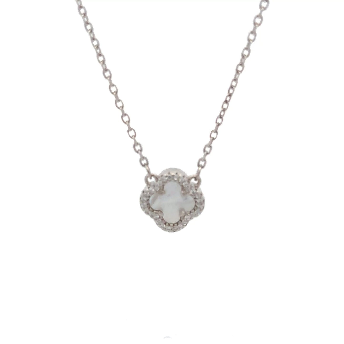 925 Sterling Silver Necklace 17 inches Chain White Mother of Pearl Cubic Zirconia Clover Pendant - Rafant