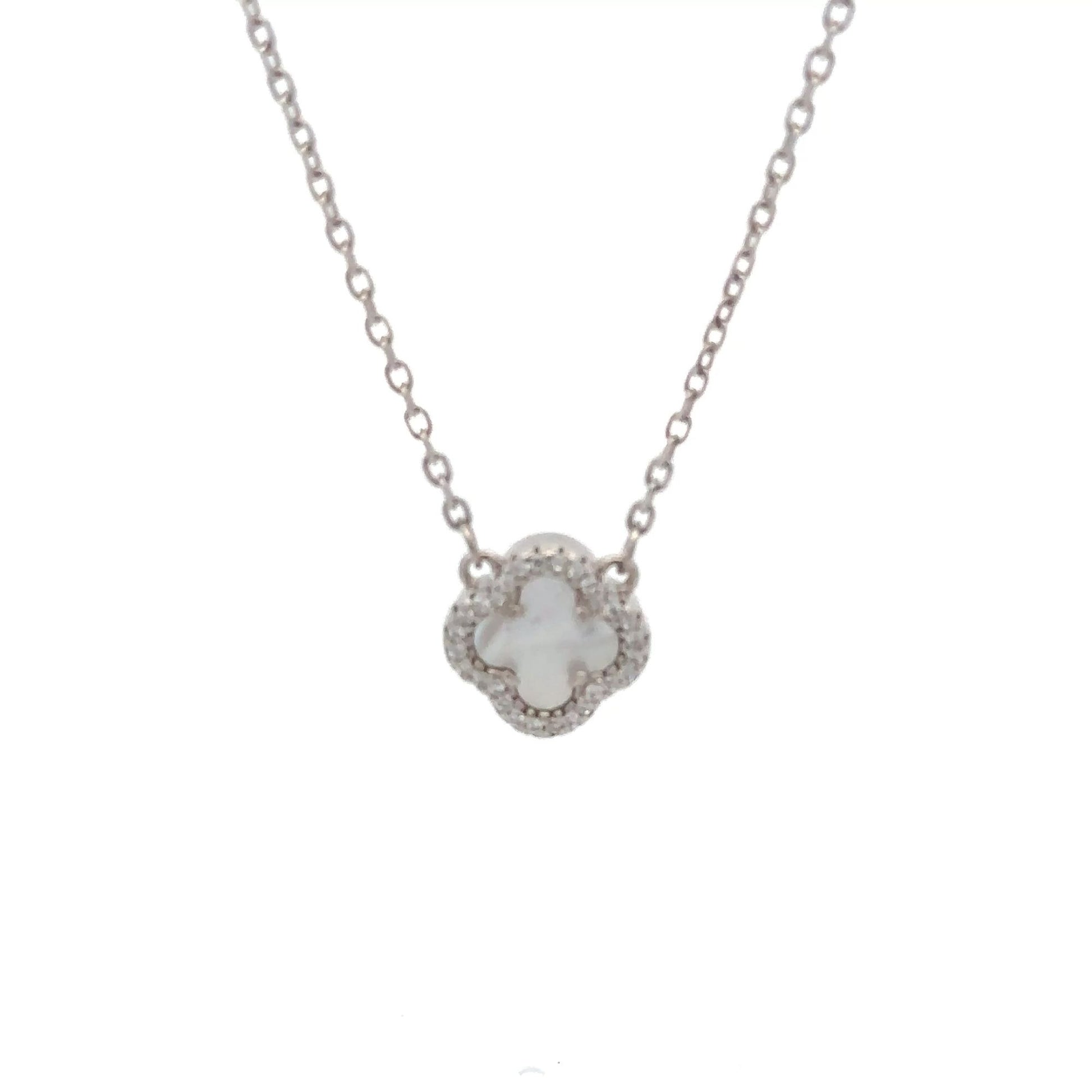 925 Sterling Silver Necklace 17 inches Chain White Mother of Pearl Cubic Zirconia Clover Pendant - Rafant