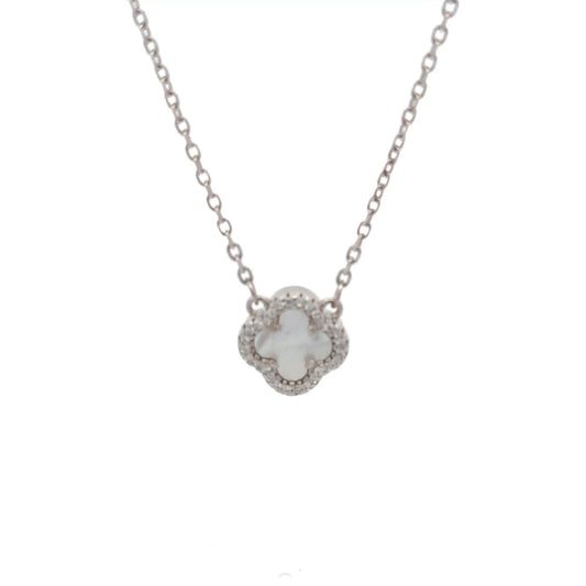 925 Sterling Silver Necklace 17 inches Chain White Mother of Pearl Cubic Zirconia Clover Pendant - Rafant