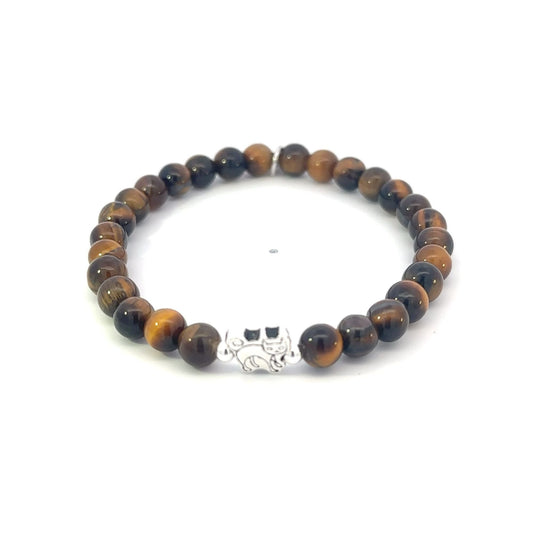925 Sterling Silver Cat Tiger Eye Bracelet, Natural Gemstone Beaded Stretch Bracelet
