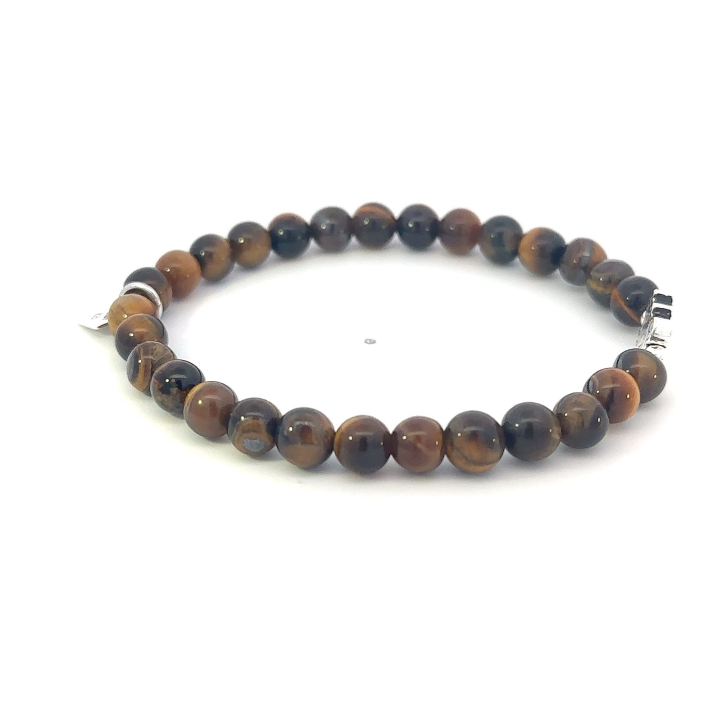 925 Sterling Silver Cat Tiger Eye Bracelet, Natural Gemstone Beaded Stretch Bracelet