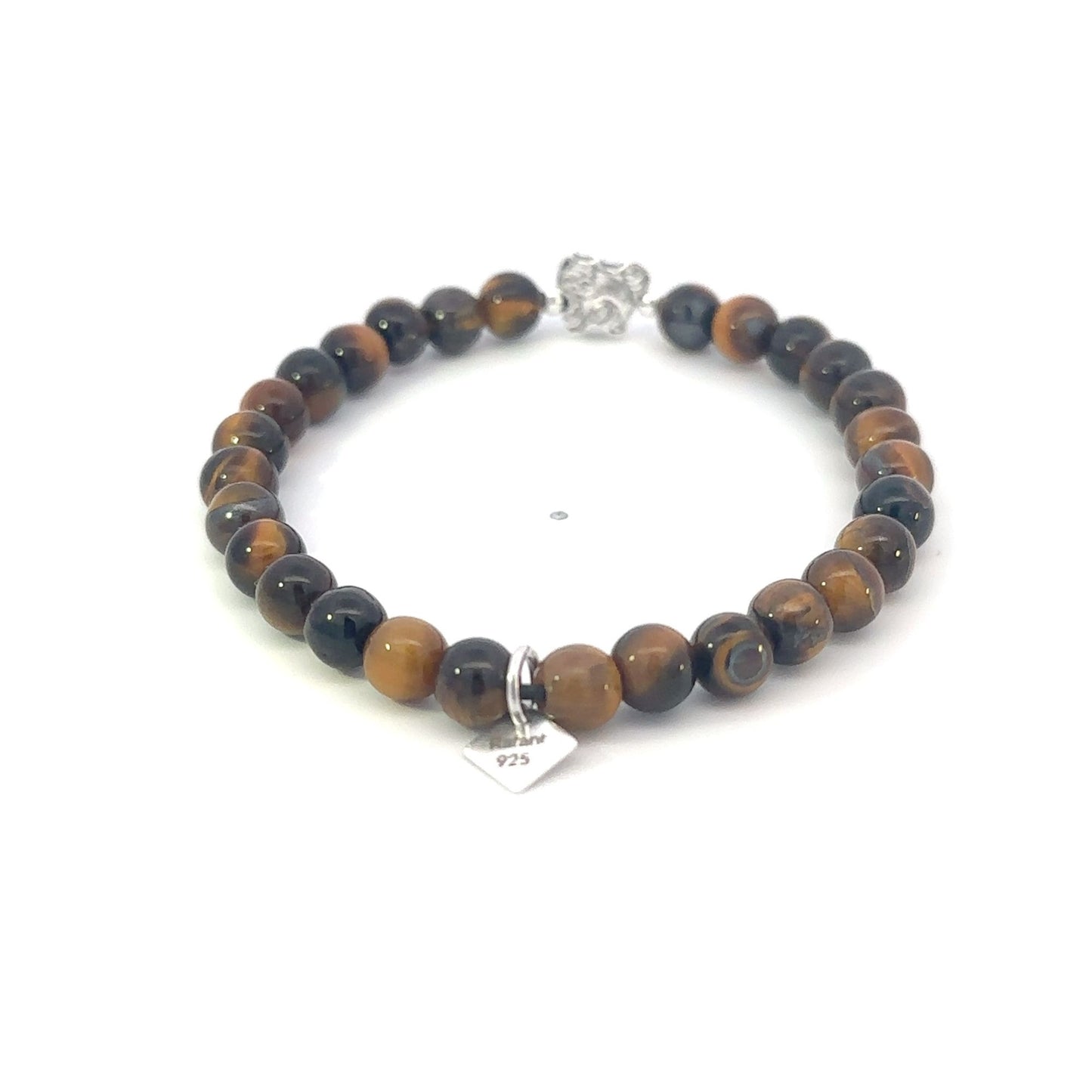 925 Sterling Silver Cat Tiger Eye Bracelet, Natural Gemstone Beaded Stretch Bracelet