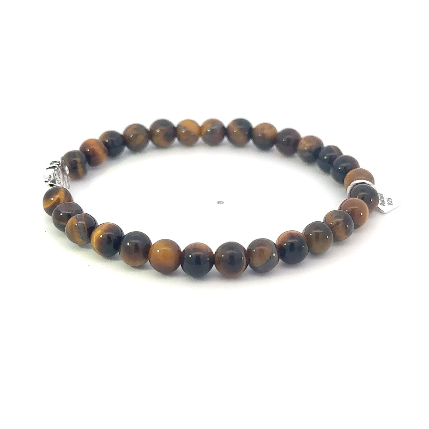 925 Sterling Silver Cat Tiger Eye Bracelet, Natural Gemstone Beaded Stretch Bracelet