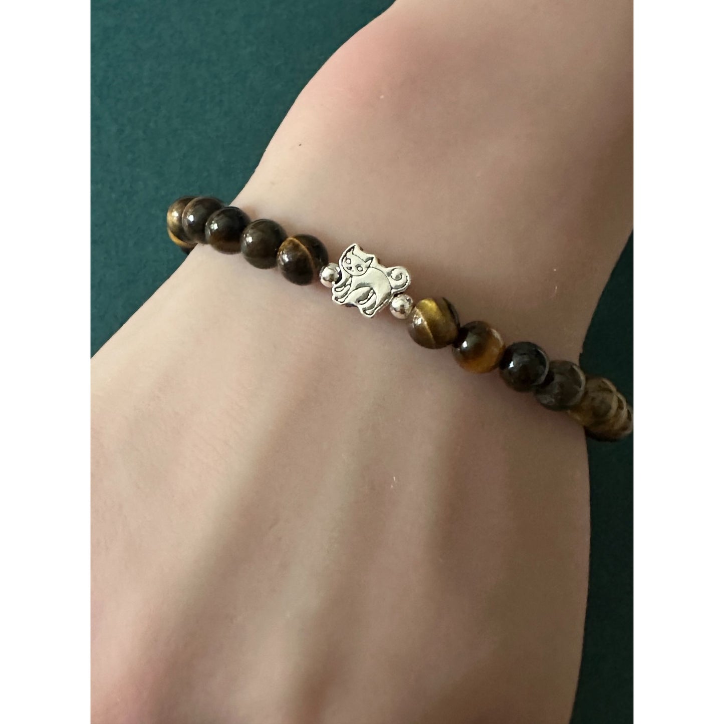 925 Sterling Silver Cat Tiger Eye Bracelet, Natural Gemstone Beaded Stretch Bracelet