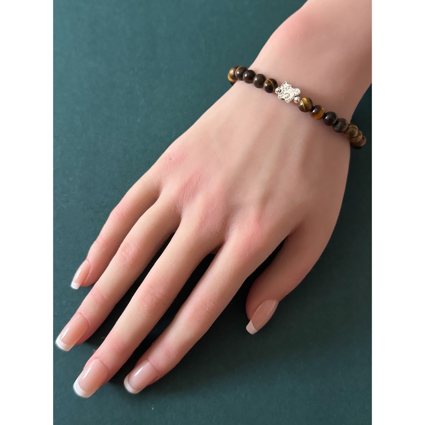 925 Sterling Silver Cat Tiger Eye Bracelet, Natural Gemstone Beaded Stretch Bracelet