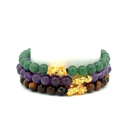 18K Gold Pixiu Piyao Bracelet Natural Gemstones 6mm Birthstones Wealth Bracelet - Rafant