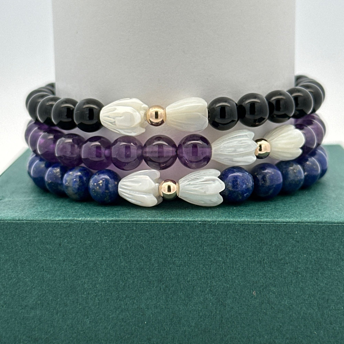 Natural 6mm Gemstone Stretch Bracelet Amethyst Lapis Onyx 14K Solid Gold Pikake MOP