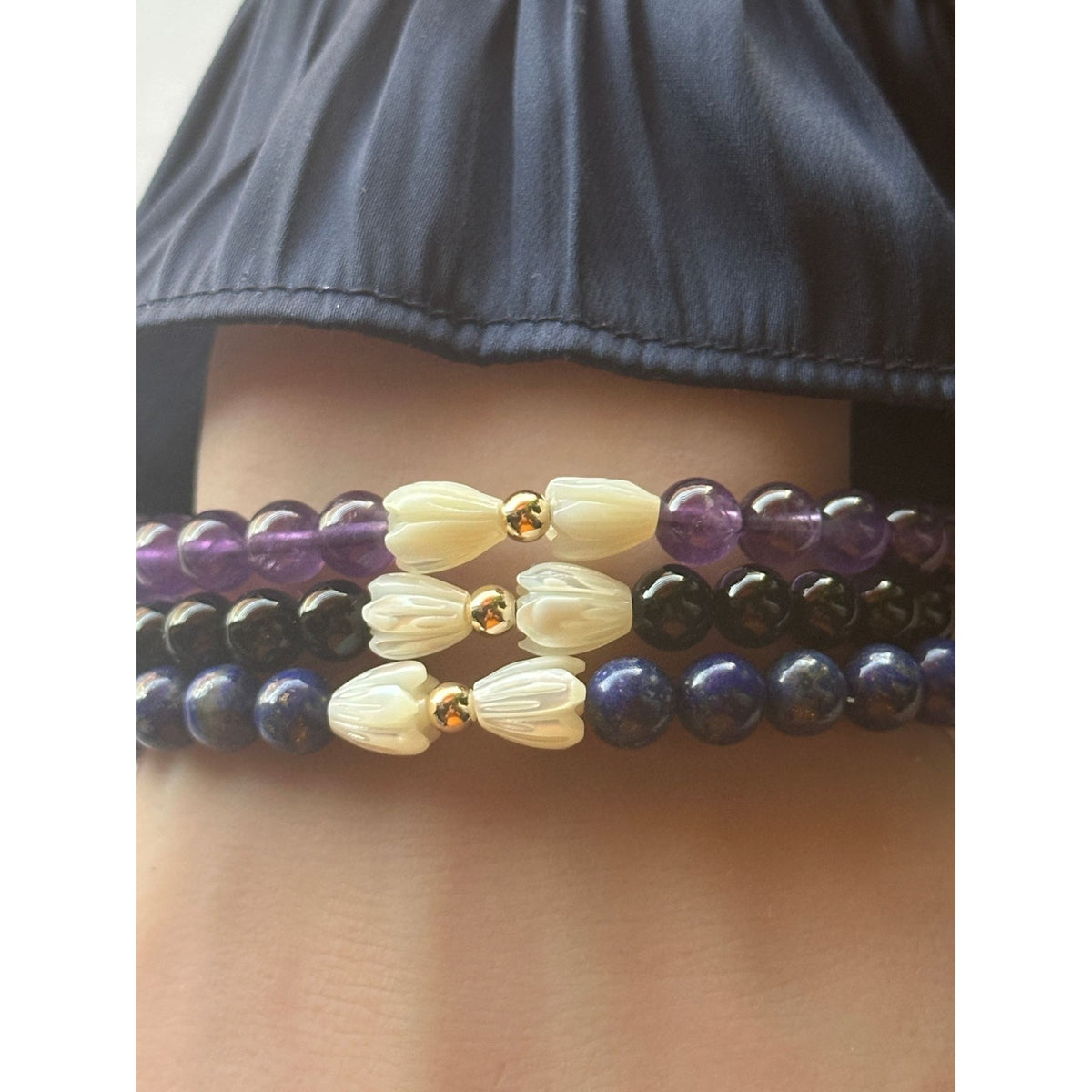Natural 6mm Gemstone Stretch Bracelet Amethyst Lapis Onyx 14K Solid Gold Pikake MOP