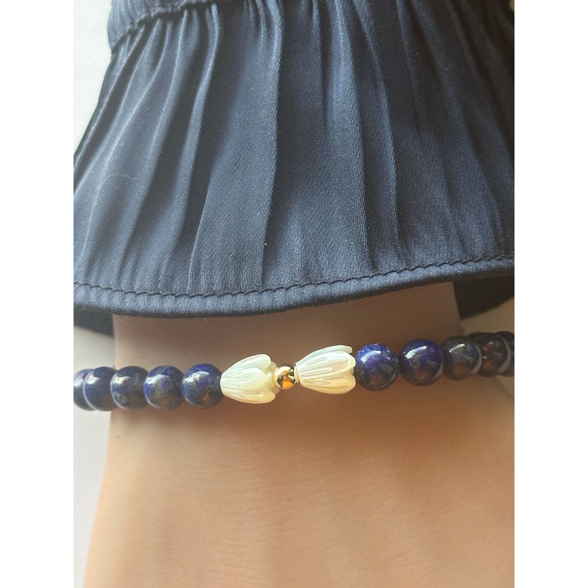 Natural 6mm Gemstone Stretch Bracelet Amethyst Lapis Onyx 14K Solid Gold Pikake MOP
