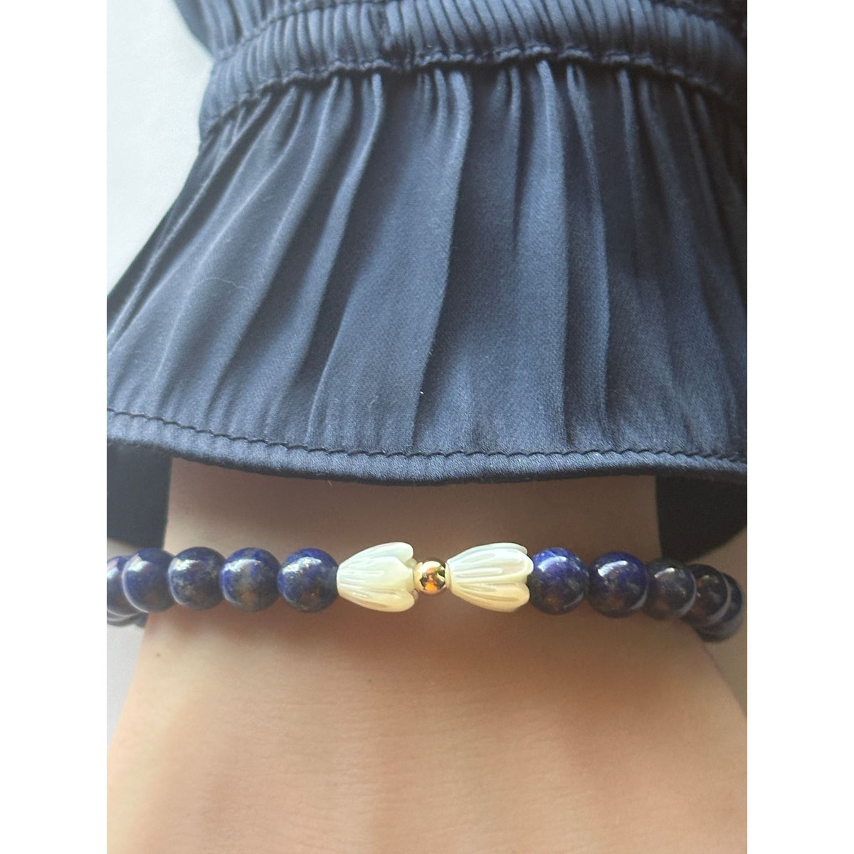 Natural 6mm Gemstone Stretch Bracelet Amethyst Lapis Onyx 14K Solid Gold Pikake MOP