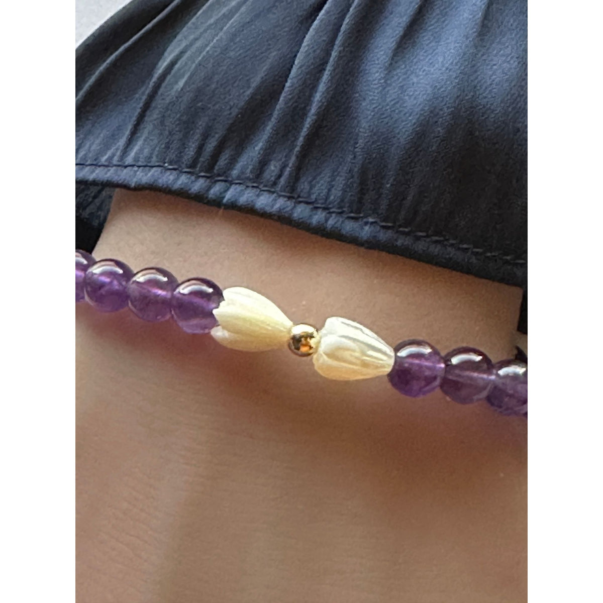 Natural 6mm Gemstone Stretch Bracelet Amethyst Lapis Onyx 14K Solid Gold Pikake MOP