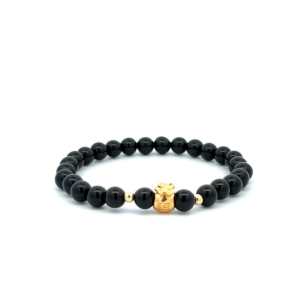 18K Gold Money Bag Lucky Charm Beads Bracelet Gemstones Obsidian 6mm - Rafant