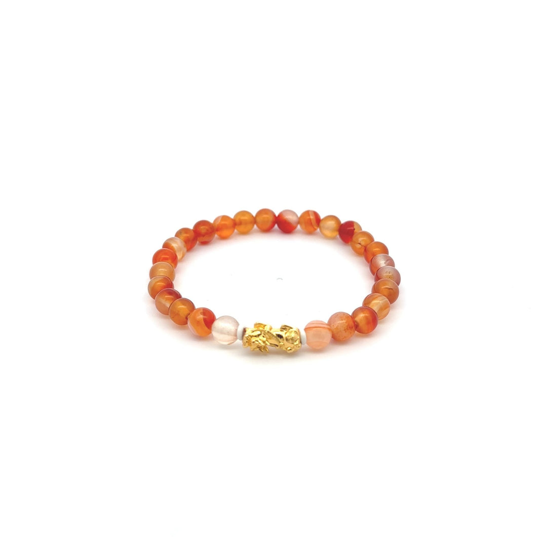 18K Gold Pixiu Piyao Lucky Charm Bracelet Natural Carnelian Gemstones 6mm